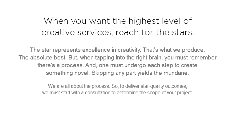  When you want the highest level of  creative services, reach for the stars.  The star represents excellence in creativity. That’s what we produce. The absolute best. But, when tapping into the right brain, you must remember there’s a process. And, one must undergo each step to create something novel. Skipping any part yields the mundane.  We are all about the process. So, to deliver star-quality outcomes, we must start with a consultation to determine the scope of your project. 
