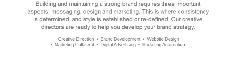 Building and maintaining a strong brand requires three important  aspects: messaging, design and marketing. This is where consistency  is determined, and style is established or re-defined. Our creative  directors are ready to help you develop your brand strategy. Creative Direction • Brand Development • Website Design  • Marketing Collateral • Digital Advertising • Marketing Automation    